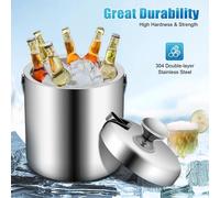 Seau à glaçons portable de 1,3 litre, à double paroi, avec couvercle à pince, en acier inoxydable, pour conserver les glaçons, idéal pour le vin, les boissons, etc