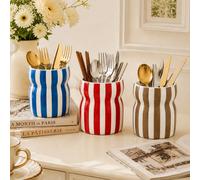 Seau de rangement de vaisselle vintage à rayures verticales resserrant la taille, porte-ustensiles de cuisine à rayures ondulées brillantes, bleu & blanc/rouge & blanc/marron & blanc 3 couleurs, suppo