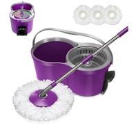 Seau essoreur à pédale et balai à franges, Microfibre, Essoreur 360°, 3 têtes de serpillère, Poignée acier inox, Violet