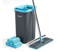 Seau et mop avec essoreur intégré, 5 microfibres de rechange, gris/cyan