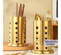 Seau organisateur de cuisine en acier inoxydé doré de 17 cm - support à ustensiles pour le comptoir, rangement des cuillères et baguettes, décoration de style moderne de ferme, décoration du comptoir 