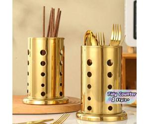 Seau organisateur de cuisine en acier inoxydé doré de 17 cm - support à ustensiles pour le comptoir, rangement des cuillères et baguettes, décoration de style moderne de ferme, décoration du comptoir 