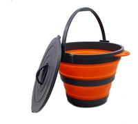 Seau pliable Unyqoos® avec couvercle hermétique et poignée de transport, 10 litres, en plastique, gain de place, diamètre 31 x 24 cm (6 cm plié), gris/orange