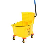 Seau pour serpillière avec presse et roulettes, 36 litres, en polypropylène, de couleur jaune. Chariot de nettoyage pour les bâtiments et l'industrie, équipé d'une poignée et de panneaux de signalisat