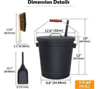 Seau Unyqoos® avec couvercle – Acier, noir, avec poignée flexible, comprenant une pelle et un balai, pour les cendres, le bois, le bois de chauffage et les pellets, pour une utilisation intérieure et
