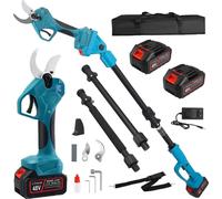 Sécateur électrique 2-en-1 - Sécateur sans fil - Moteur sans balais 21 V 2x3,0 Ah - Écran LCD - Manche télescopique de 2,3 m - Diamètre de coupe de 40 cm - Bleu
