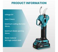Sécateur électrique - Diamètre de coupe de 32 mm - Moteur sans balais - 2 vitesses - Sans fil et rechargeable - Idéal pour les arbres fruitiers et les bonsaïs - Couleur : bleu
