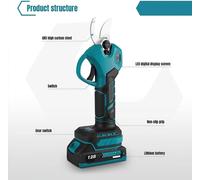 Sécateur électrique - Sécateur à batterie - Moteur sans balais de 30 mm - 2 vitesses - Sans fil et rechargeable - Compatible avec une batterie 18 V et un chargeur 220 V