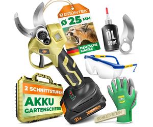 SÉCATEUR ÉLECTRIQUE SUR BATTERIE GRÜNTEK 21V 1,5Ah, Moteur Brushless, Cisailles électriques pour jardin avec batterie, jusqu'à 25 mm, moteur brushless 250W, lame SK5 compatible Makita, ensemble comple