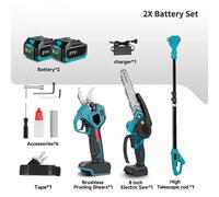 Sécateur éléctrique télescopique - Outil de taille 3-en-1 - Fonctionnement sur batterie - Scie à chaîne de 20 cm - Sécateur de 28 mm - Portée de 1,7 m - Set en acier au carbone SK5
