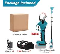 Sécateur télescopique - Sécateur à batterie - Capacité de coupe : 4 cm - Manche en 3 parties de 2,8 m - Tête orientable à 180° - 2 batteries