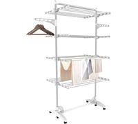 Sèche-linge à linge en tour, pliable, avec 4 niveaux en tubes d'acier inoxydable, équipé de 6 roulettes, d'ailes et d'une barre supérieure. Support à linge mobile pour balcon, salon, salle de bain. | 