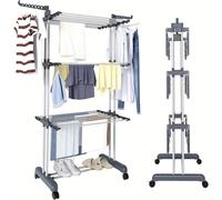 Sèche-linge pliable à 4 niveaux, extra large, avec roulettes, structure en métal robuste, pour une utilisation intérieure et extérieure