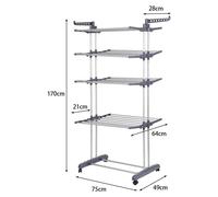 Sèche-linge pliable, étendoir à linge en tour sur roulettes - 4 niveaux et 2 ailes latérales - Rotation à 360° - Avec support pour cintres et chaussures - Gris