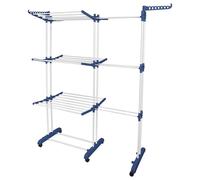 Sèche-linge pliable pour intérieur, à poser au sol, avec 4 niveaux, réglable en hauteur (téléscopique) de 75 à 142,5 cm, dimensions 64 x 170 cm, en acier inoxydable, de couleur bleu foncé