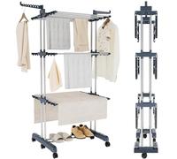 Séchoir à linge à 4 niveaux amélioré, séchoir à linge pliable d'intérieur avec 18 m d'espace de séchage, cintre à linge avec 6 roulettes, grand séchoir à linge pliable à plat pour un rangement facile
