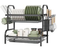 Séchoir à linge à deux étages avec bacs d'égouttage, porte-couverts, porte-tasses et panier à linge, noir.