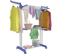 Séchoir à linge à roulettes, séchoir multifonctionnel à 3 niveaux, tour, pliable, petit séchoir à linge, peu encombrant avec ailes, tour à linge pour l'intérieur et l'extérieur (bleu et gris)