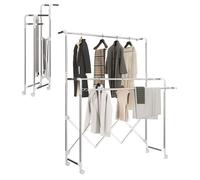 Séchoir à linge - HOMCOM - pliable intérieur - 3 barres réglables et 4 roulettes - acier inoxydable - 104-150x103x145-197cm - argent
