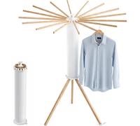 Séchoir à linge Relaxdays, pliable, 16 barres de séchage, H x P 121 x 112 cm, pour le balcon et le camping, séchoir à linge en bois, blanc/naturel