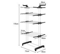 Séchoir à linge - Séchoir à 4 étages sur roulettes - Pliable - Acier inoxydable - Pour l'intérieur et le balcon - Noir/Blanc