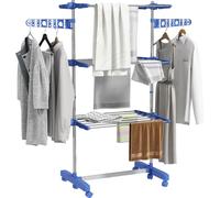 Séchoir à linge - Séchoir à linge vertical à 3 étages - Pliable - 6 roulettes - ABS et acier inoxydable - Multifonctionnel - Bleu