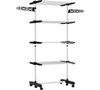 Séchoir à linge - Vertical avec 4 niveaux - Avec roulettes - Deux ailes latérales pliables - Tablettes réglables - Plastique ABS - Noir