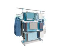 IDMarket - Séchoir à Linge Vertical Pliable 3 Niveaux Optimum capacité 30M avec Tringle télescopique cintres et Pinces Blanc et Bleu