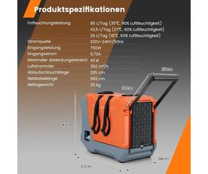 Séchoir de chantier déshumidificateur 85 L/jour avec pompe et tuyau de vidange appareil de séchage industriel avec minuterie 24H orange + gris