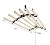 MonsterShop Étendoir à linge suspendu 1,5 m – 6 lattes en pin, supports et poulie noirs