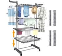 Séchoir sur pied - Inox - 5 niveaux - 4 roulettes - 32 barres à vêtements - Pliable