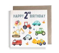 Second Ave Carte carrée pour 2e anniversaire de 2 ans Motif voiture de tracteur pour garçon ou fille, Carte anniversaire enfant