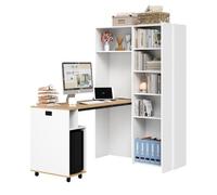Secrétaire pliable 2-en-1 WUVWAY 104,5 x 30,5 x 160 cm avec prise EU et USB, bibliothèque intégrée, MDF blanc décor bois
