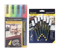 SECURIT Pochette de 4 marqueurs à craie liquide pointe biseautée largeur du trait 2 mm x 6 mm (Assortiment de couleurs) & Lot de 7 Feutres-Craie à encre liquide Coloré - Taille de mine 1-2mm
