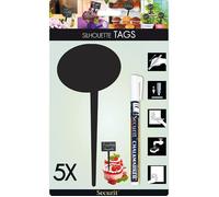 SECURIT Tag ardoise silhouette «Bulle» lot de 5 + feutre craie liquide blanc 8 x 18 cm