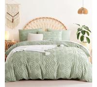 Sedefen Bohème Housse de Couette 140x200 Vert Tuftée Broderie Microfibre | Parure de lit 1 Personne Adulte,Fermeture Éclair,1 Taie d'oreiller 65x65cm,Shabby Chic Boho Linge de Lit,Certifié Oeko-Tex