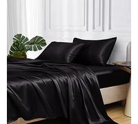 Sedefen Drap Housse 140x200 cm Bonnet 30~35 cm 2 Personnes élastique,Noir Couleur Unie Satin Soyeux Brillant De Haute Qualité - l'été Doux Protège Matelas