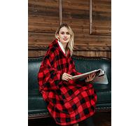 Sedefen Plaid Couverture Polaire avec Manches,Sweat-Shirt à Capuche avec Poches Portables,Confortable Flanelle Douverture TV Femme Homme,Hiver Chaud Sherpa Adulte,Grille Noire et Rouge