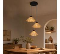 Sedtonmu Suspension en Rotin, Abat-Jour Tressé Bohème Japandi, Luminaire E27 avec Ampoule LED 15 W 3000 K, Câble Réglable 120 cm, Salon Salle à Manger Cuisine,3 Lights,Ø26×H11cm
