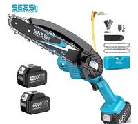 SEESII Scie à chaîne électrique sans fil de 6 pouces, scie à élaguer électrique portative avec 2 batteries, scie électrique rechargeable de 15,2 cm, outils électriques pour le travail du bois et Kit 1