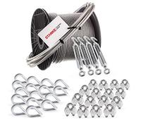 Seilwerk STANKE Câble d’acier galvanisé gainé (couche PVC) 10m diamètre 3mm 6x7, 4x Tendeur M5 Œil-Crochet, 16x Cosse-Cœur, 16x Serre-Câble à étrier - SET 6