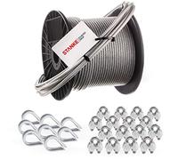 Seilwerk STANKE Câble d’acier inox gainé (PVC), 20m, acier V4A, 3,5mm 7x7, 8x Cosse-cœur V4A, 16x Serre-câble à étrier V4A, Suspension Kit - SET 3