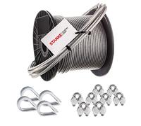 Seilwerk STANKE Câble d’acier inox gainé (PVC), 25m, acier V4A, 3,5mm 7x7, 4x Cosse-cœur V4A, 8x Serre-câble à étrier V4A, Suspension Kit - SET 2