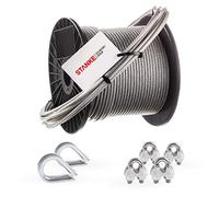 Seilwerk STANKE Câble d’acier inox gainé (PVC), 30m, acier V4A, 4mm 7x7, 2x Cosse-cœur V4A, 4x Serre-câble à étrier V4A, Suspension Kit - SET 1
