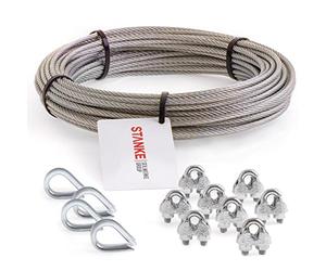 Seilwerk STANKE Câble d’acier inoxydable V4A, 15m, diamètre 5mm 7x7, 4x Cosse-cœur V4A, 8x Serre-câble à étrier V4A - SET 2