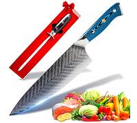 SEIRYUU Couteau de Chef Gyuto 20cm - Série Japonaise Pro Chef - Lame Damascus VG10 en Inox 73 Couches, Motifs Échelle - Poignée Bellewood Double Tête d'Acier, Tige d’Affutage - Accessoire Cuisine