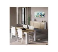 Séjour Table + Buffet Laqué Blanc Brillant Aspect Bois - CHRIS OAK -