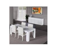 CHRIS WHITE - Séjour Table + Buffet Laqué Blanc Brillant et Imitation Marbre
