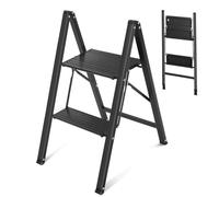 Sekey Escabeau 2 Marches Pliable, Marchepied Escamotable à Cadre Acier et Marches Aluminium, Antidérapant, Léger pour Cuisine & Domestique, Certifié TÜV SGS EN131 EN14183, Charge Jusqu’à 150 kg, Noir