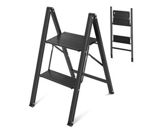 Sekey Escabeau 2 Marches Pliable, Marchepied Escamotable à Cadre Acier et Marches Aluminium, Antidérapant, Léger pour Cuisine & Domestique, Certifié TÜV SGS EN131 EN14183, Charge Jusqu’à 150 kg, Noir